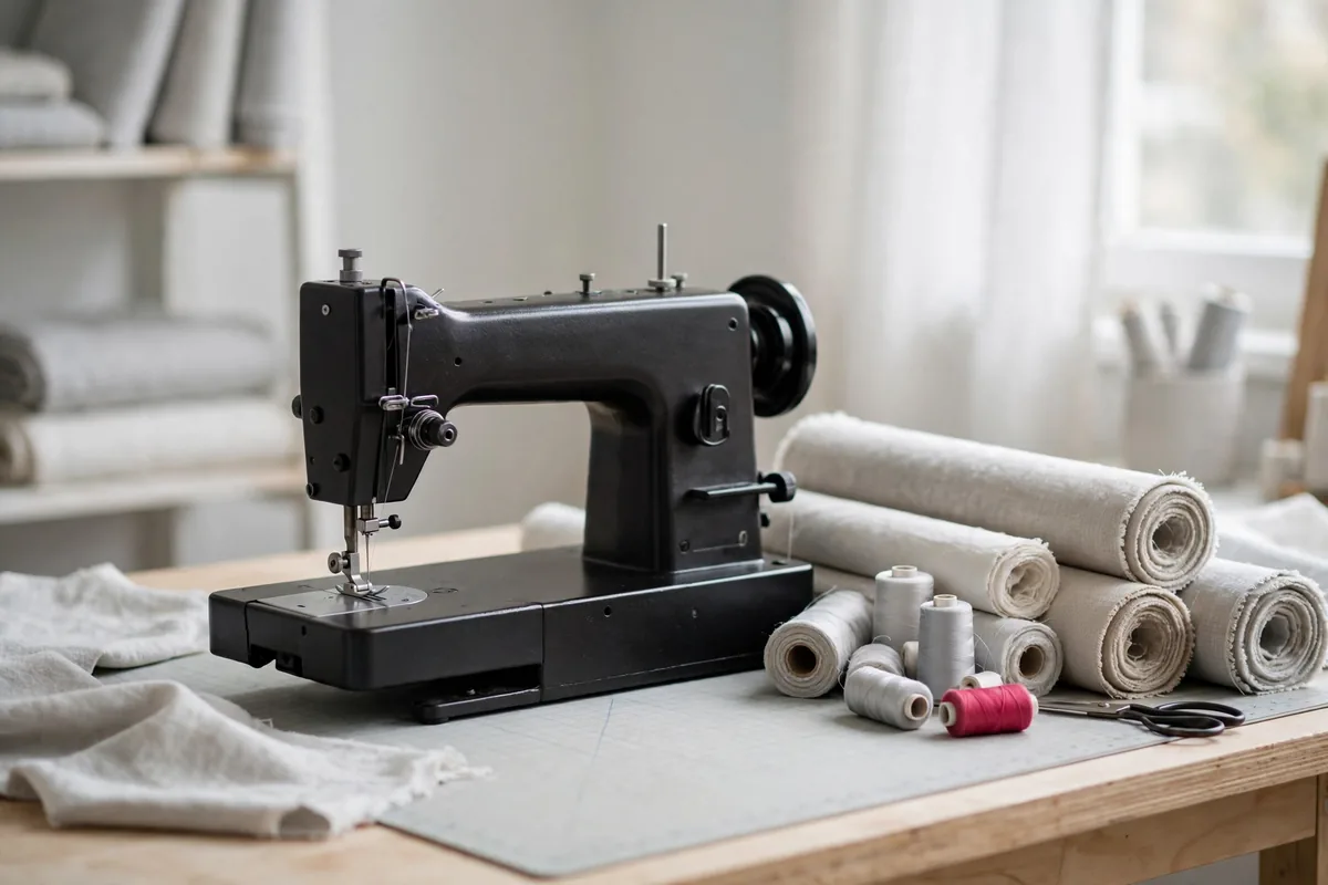 A sewing machine and fabric rolls in a workshop