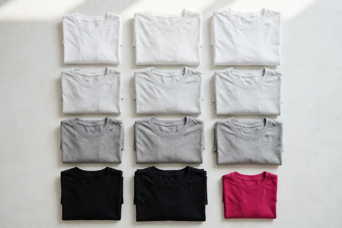 Folded T-shirts in a size and colour grid