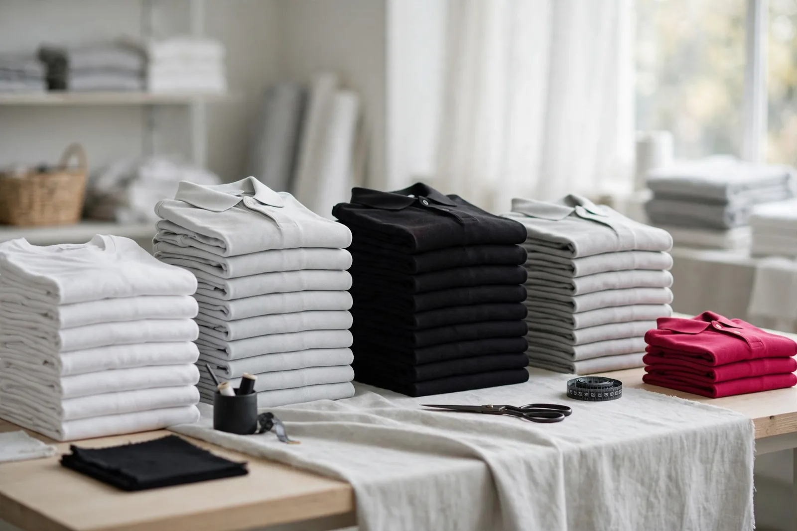 Folded plain garments stacked in many sizes