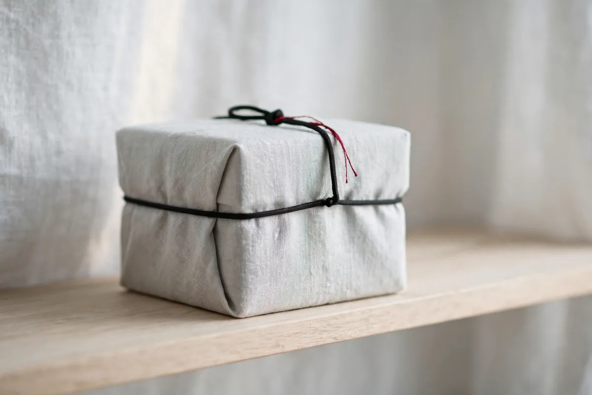 A closed fabric-covered box on a shelf