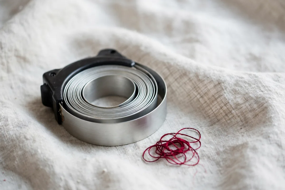 A coiled tape measure on linen