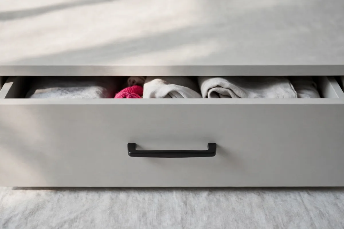 A closed drawer with fabric inside