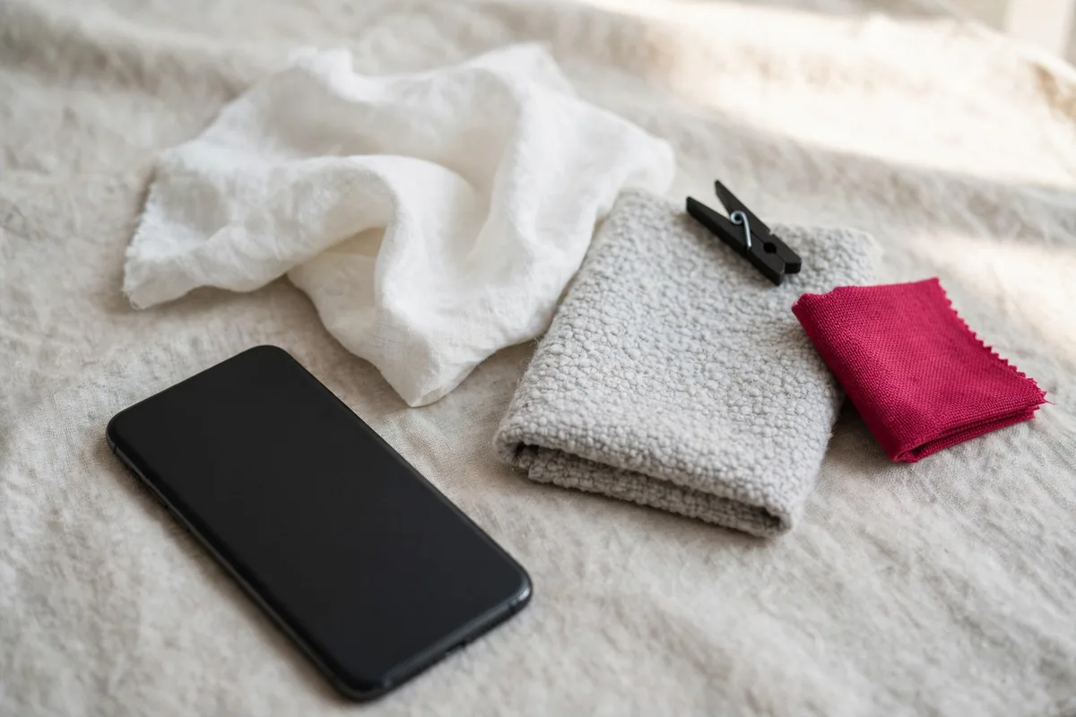 A phone face down beside fabric swatches
