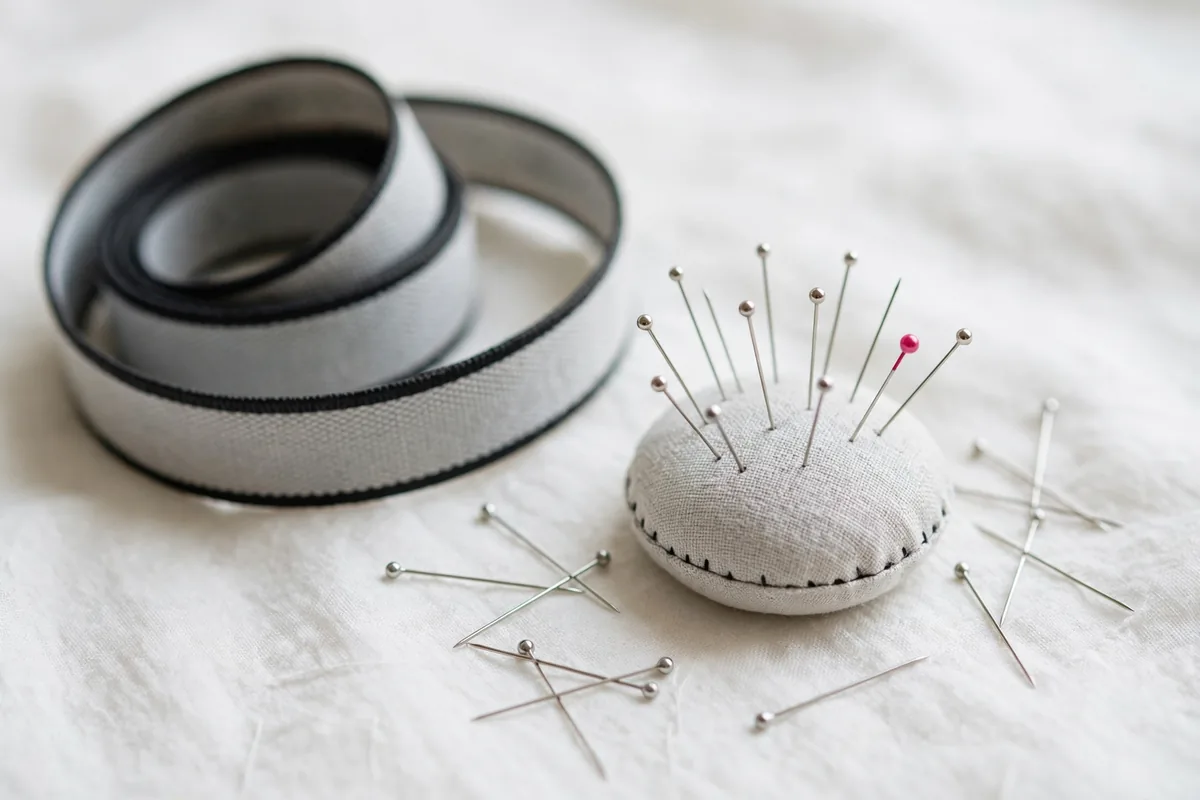 A tape measure and pins on fabric