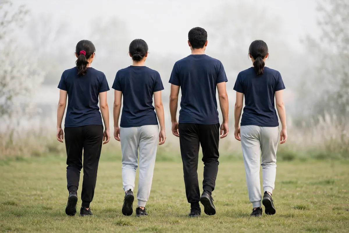 A team in plain matching tops seen from behind